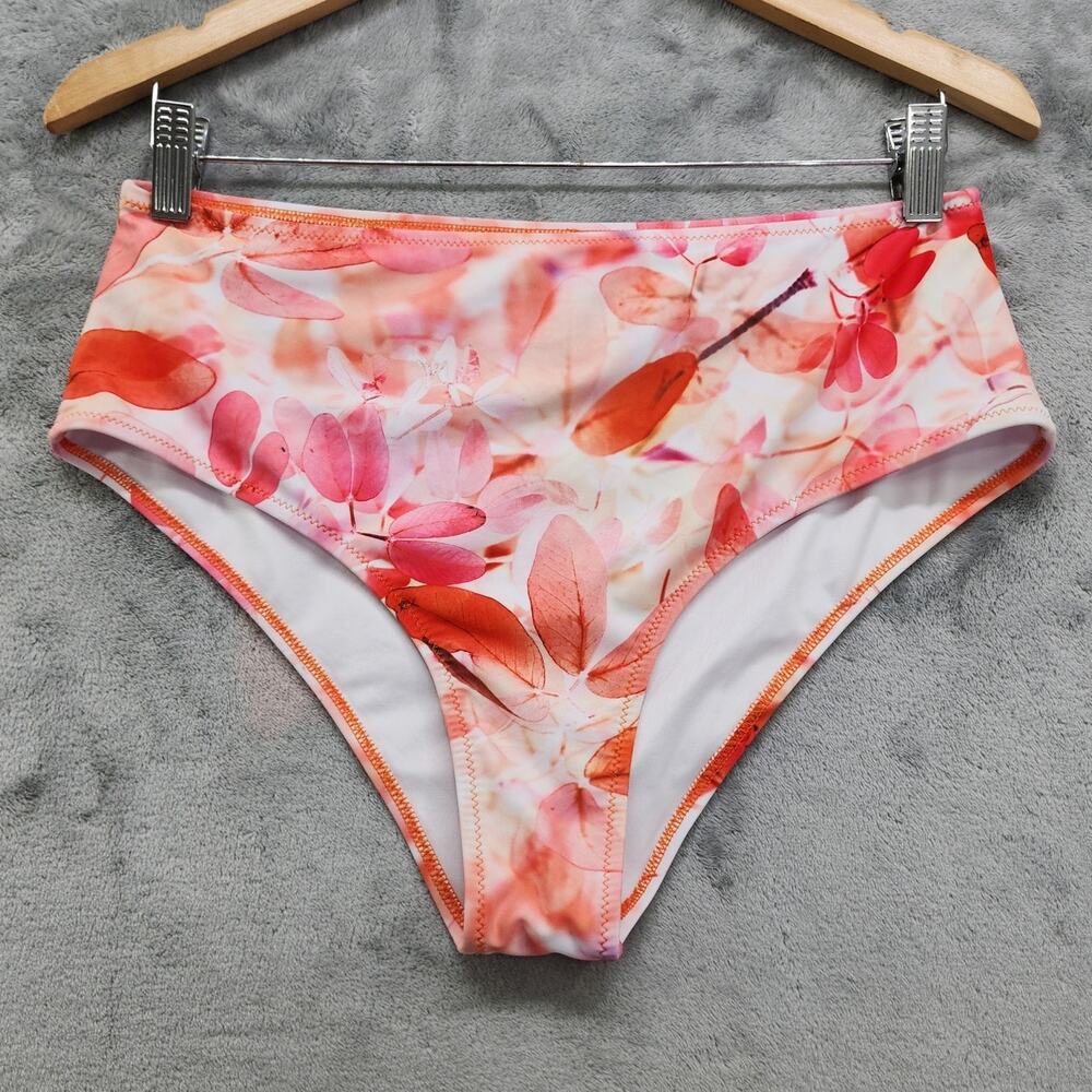 Beachsissi Swim Bottoms Womens L Pink White Floral High‎ Waist Moderate Coverage
